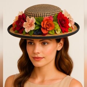 Vintage Kokin NY Couture  Floral Straw Hat Flowers Velvet Black Trim